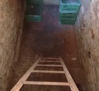 A narrow staircase with a ladder leads to the basement in the Gardens with brick walls.