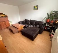 Living room in a three-room apartment with a sofa, coffee table, and wooden decor flooring.