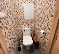 A toilet with mosaic tiles in a 3-room apartment, flooring, enclosed space.