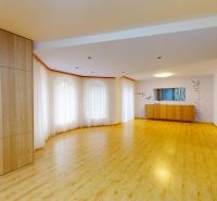A spacious living room with wood-patterned flooring and large windows.