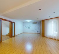 Spacious living room with light curtains and wood-patterned flooring.