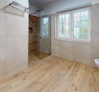 A bathroom in a family house with a wooden decor floor and a shower corner.