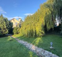 A garden with a path and a family house in Trenčianske Stankovce, surrounded by trees.