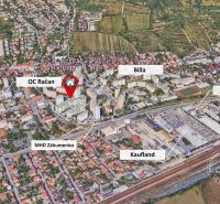 Aerial view of Bratislava-Rača, Rustaveliho Street and surroundings with marked points of interest.