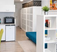 Interior of a 1-room apartment with a wooden decor floor and a compact kitchen.