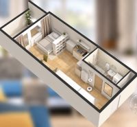 Floor plan of a 1-bedroom apartment with sleeping area, kitchen, and bathroom.