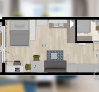 Floor plan of a 1-bedroom apartment with a balcony and a wooden decor floor.