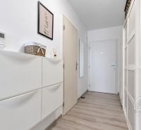 The entrance hall of a one-room apartment with a wooden decor floor and white furniture.