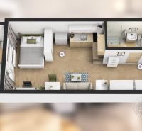 Floor plan of a 1-bedroom apartment with a bed, kitchen, and bathroom, wooden decor flooring.