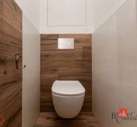 A toilet with a wooden decor and concealed flushing in a 5 or more room apartment.