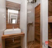 A bathroom in a 5 or more room apartment with a sink and shower, tiles with a wooden decor.
