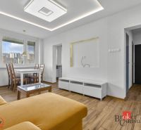A living room in a 5 or more room apartment with a sofa and a wood-patterned floor.