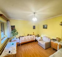 Interior of a family house with a wooden decor floor, furniture, and a houseplant.