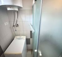 Compact bathroom in a family house with a shower and a washing machine.