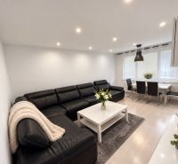 Living room of a 3-room apartment with a leather sofa, dining table, and wooden decor flooring.