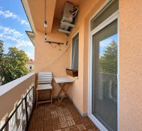 A balcony in a 3-room apartment with wood-patterned flooring and a view of greenery.