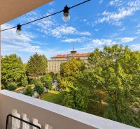 View from the balcony of a 3-room apartment on Pribinové Sady in Nová Dubnica, green trees.