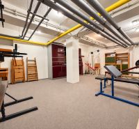 A gym inside a 3-room apartment with training equipment and storage space.