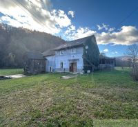 A family house in Mokrá Lúka surrounded by nature, green lawn, blue sky.
