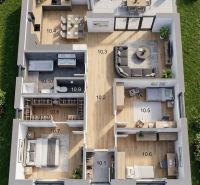 Floor plan of a family house with three bedrooms, a kitchen, a living room, and a terrace.