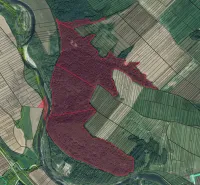 Aerial view of agricultural and forest lands around Plaveč with forest parcels.