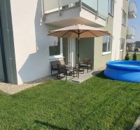 Exterior of a 3-room apartment on Šámot Street in Šamorín with a pool and terrace.