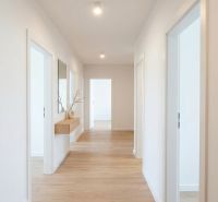 A hallway in a 3-room apartment with a wooden decor floor and decorations on the wall.