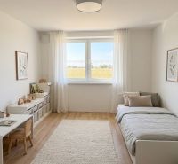 Children's room with a bed, table, and floor with a wooden decor.