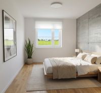 Bedroom in a 3-room apartment with a bed, nightstands, a window, and a floor with a wooden decor.
