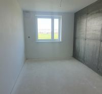 A minimalist room in a 3-room apartment with a concrete wall and white paint.