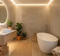 A bathroom in a 3-room apartment with a bathtub, plants, and a floor with a wooden decor.