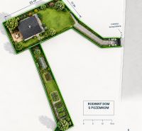Floor plan of a family house with a garden and courtyards in Staškov. Plot designated for residential use.