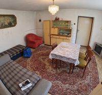 Living room in a family house with an upholstered sofa and a coffee table.