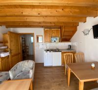 A kitchenette in a holiday apartment with a wooden decor floor and wooden beams on the ceiling.