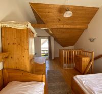 Attic room with wooden furniture and wood-decor flooring in a Holiday Apartment.