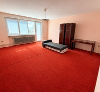 A room in a family house with a red carpet, simple furniture, and a large window.