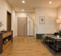 Living room in a three-room apartment with a light wood-patterned floor and furniture.