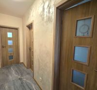 A hallway in a family house with tiled flooring and doors with glass panels.