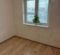 A room in a family house with a wooden decor floor and a window with a flower.