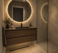 A bathroom with a round illuminated mirror and a shower in a 3-room apartment.