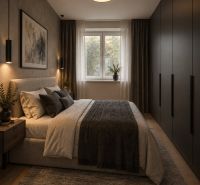 A bedroom with a comfortable bed, wardrobes, and a wooden decor floor in a 3-room apartment.