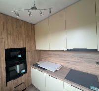 Kitchen in a 2-room apartment with storage cabinets and a built-in oven.