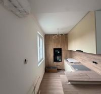 A kitchen in a 2-room apartment with a wood-patterned floor and built-in appliances.