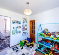 A children's room in a family house with toys, wooden shelves, and a carpet.