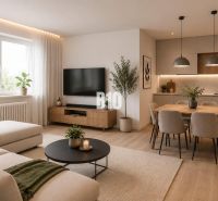 Living room in a family house with a wooden decor floor and neutral furniture.
