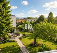 View from the window of a family house in Martin onto a garden with greenery and a path.