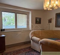 Living room in a family house with a couch, chandelier, and paintings on the walls.