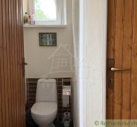 Bathroom in a family house with a classic toilet and wooden door.