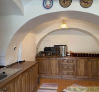 A kitchen in a family house with wooden decor and decorative plates on the wall.