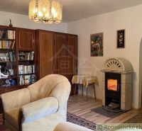 Living room in a family house with a fireplace and a rich library, floor with wooden decor.